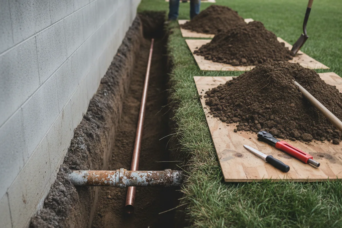 Excavated water line trench during Water Softener Installation in Mantachie